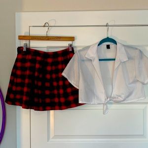 Plaid skirt and white school girl outfit.
